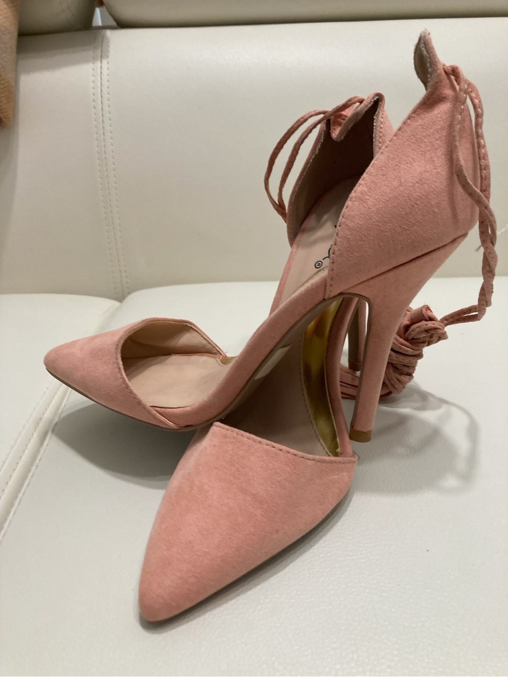 Cupid Blush Pink Suede Pointed Lace-Up Stilettos